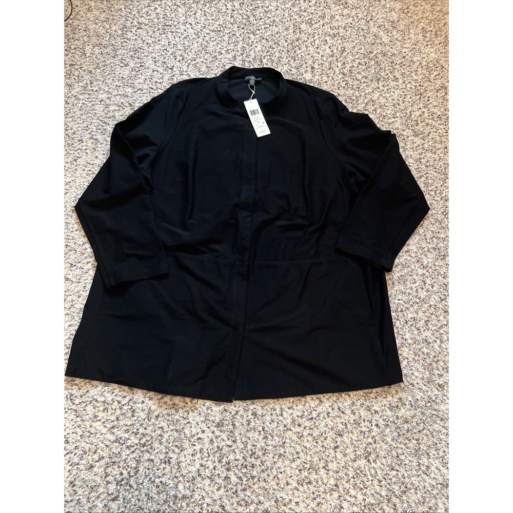 Eileen Fisher New Black‎  Mandarin collar Stretch $278 jacket Snaps Knee Length